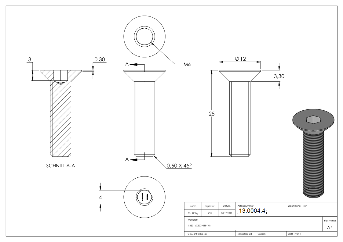 Senkkopfschraube V2A M6 x 25 mm Innensechskant ISO 10642-13-0004.4