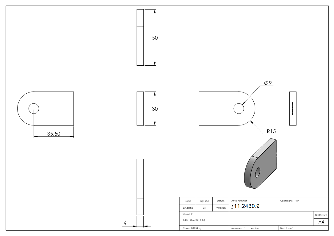Anschweisslasche 50x30x6 mm mit Rundloch- Ø 9 mm V2A-11-2430.9