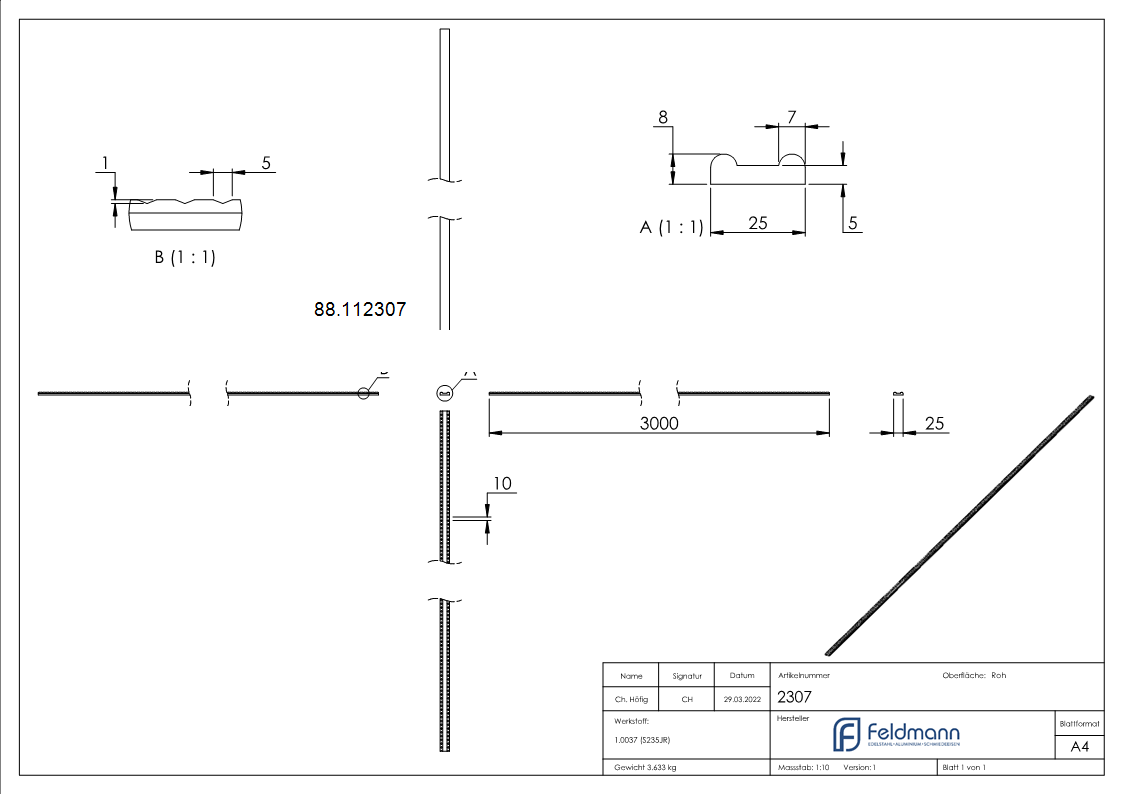 Hespeneisen 25x8x4 mm gerillt 3000mm Schmiedeeisen Profil-88.112307