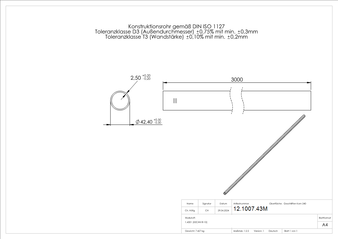 Rundrohr Ø 42-4x2-6 mm á 3 m Edelstahl-12-1007.43M