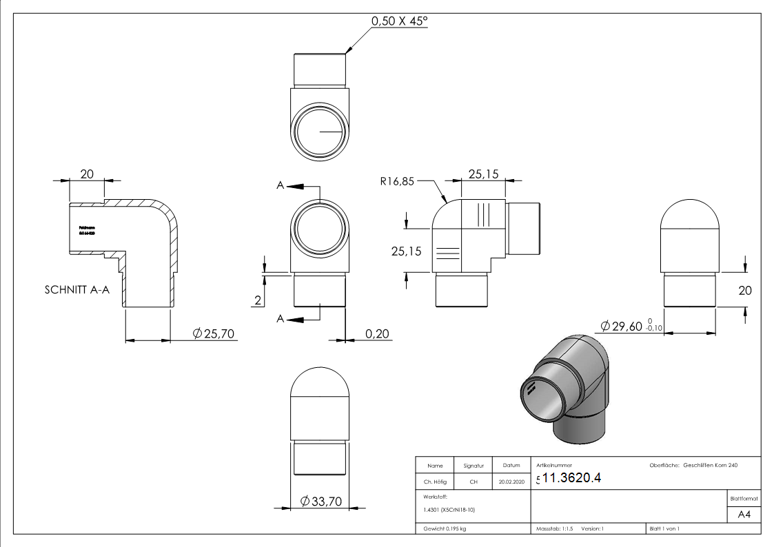 Rohrbogen V2A fuer Rohr Ø 33-7 x 2-0 mm 90° eng- Steck-11-3620.4