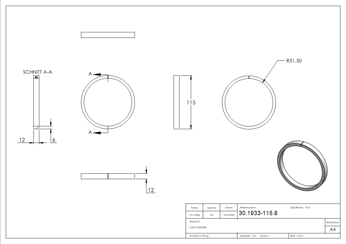Ring - Material- 12x6 mm - Aussen-Ø 115 mm - Stahl S235JR- roh-30-1933-115.8