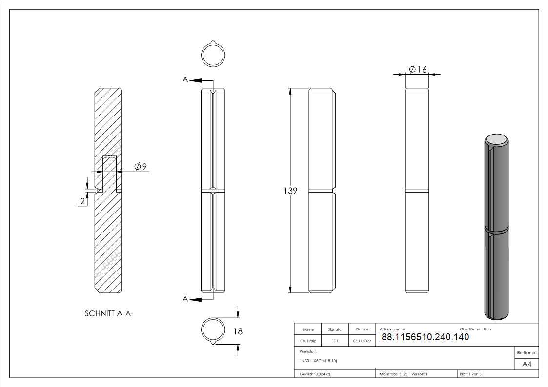 Anschweissband Edelstahl V2A L = 140 mm- Ø 16 mm- Bolzen Ø 9 mm mit festem Stift-88-1156510-240.140