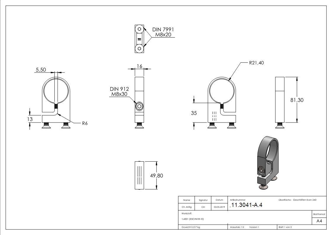 Spannring 35 mm fuer Rundrohr Ø  42-4 mm - V2A-11-3041-A.4