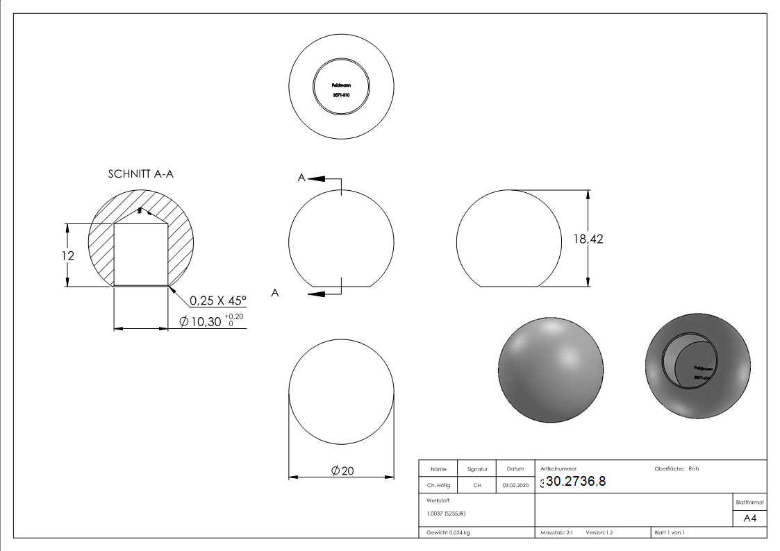 Kugel Ø 20 mm - mit Sackloch 10-2 mm - Stahl S235JR- roh-30-2736.8
