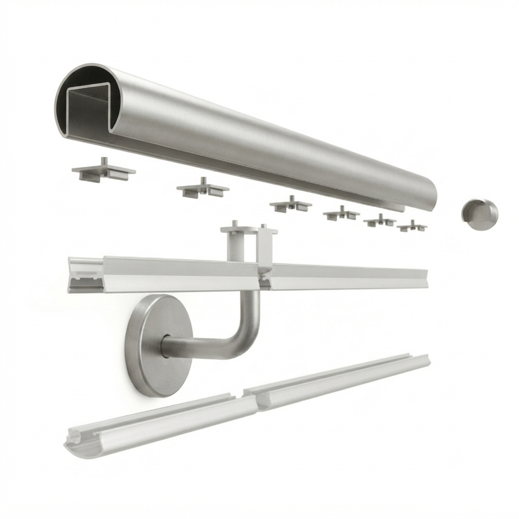 LED Handlauf Komplettset fuer durchgaengig Beleuchtung- Edelstahl V2A- 2 Meter- Warmweiss 2700 K- System mit Linse-88-11LED-LUNORA-WW.L1