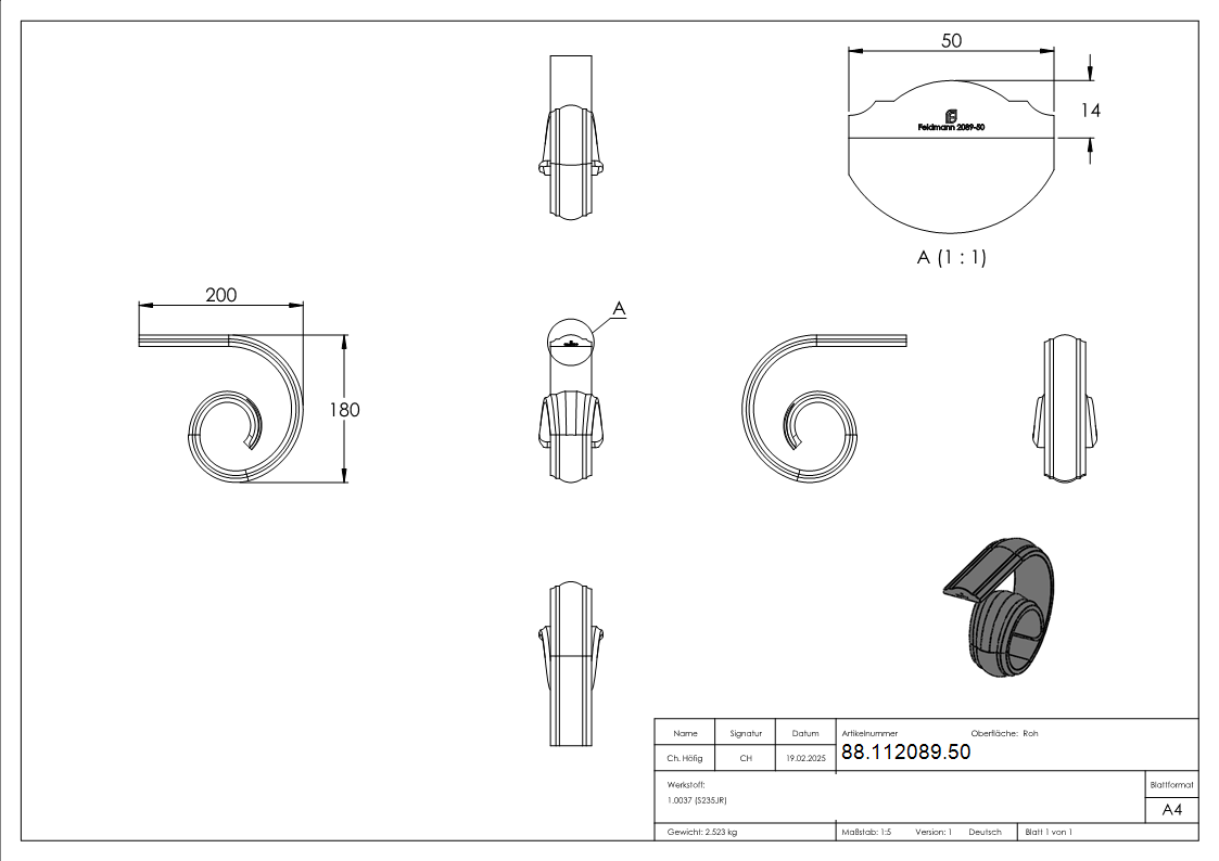 Handlaufanfaenger gerollt passend zu Profil 30-1381-8 Stahl roh-88-112089.50