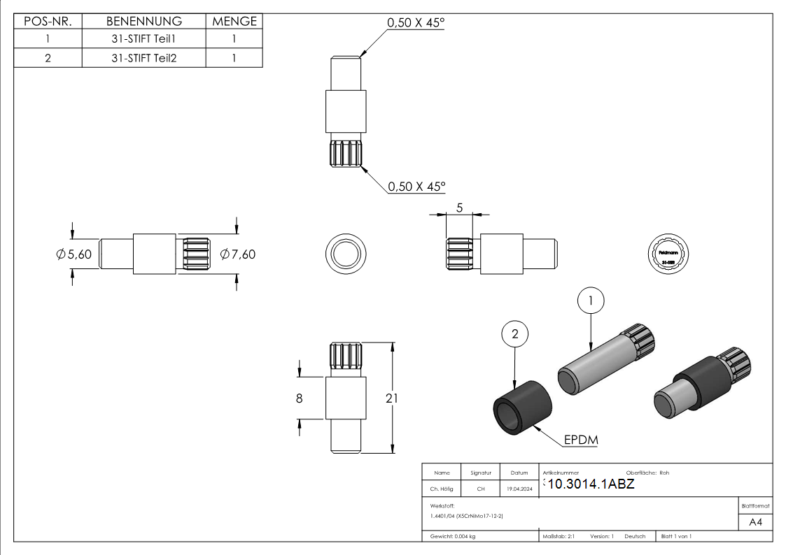 1 Sicherungsstift zu Glasklemme 45x45x26 mm AbZ V4A-10-3014.1ABZ