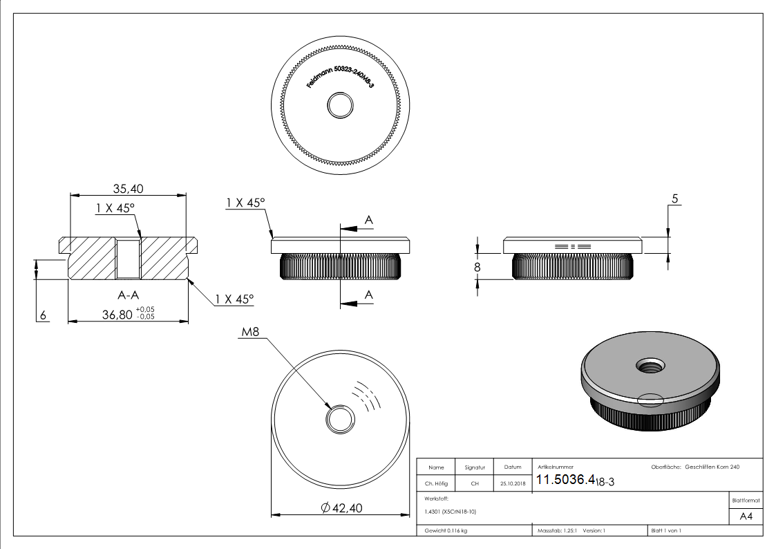 Rohrstopfen fuer Ø 42-4x3-0 mm flach zum Einschlagen mit M8 V2A-11-5036.4
