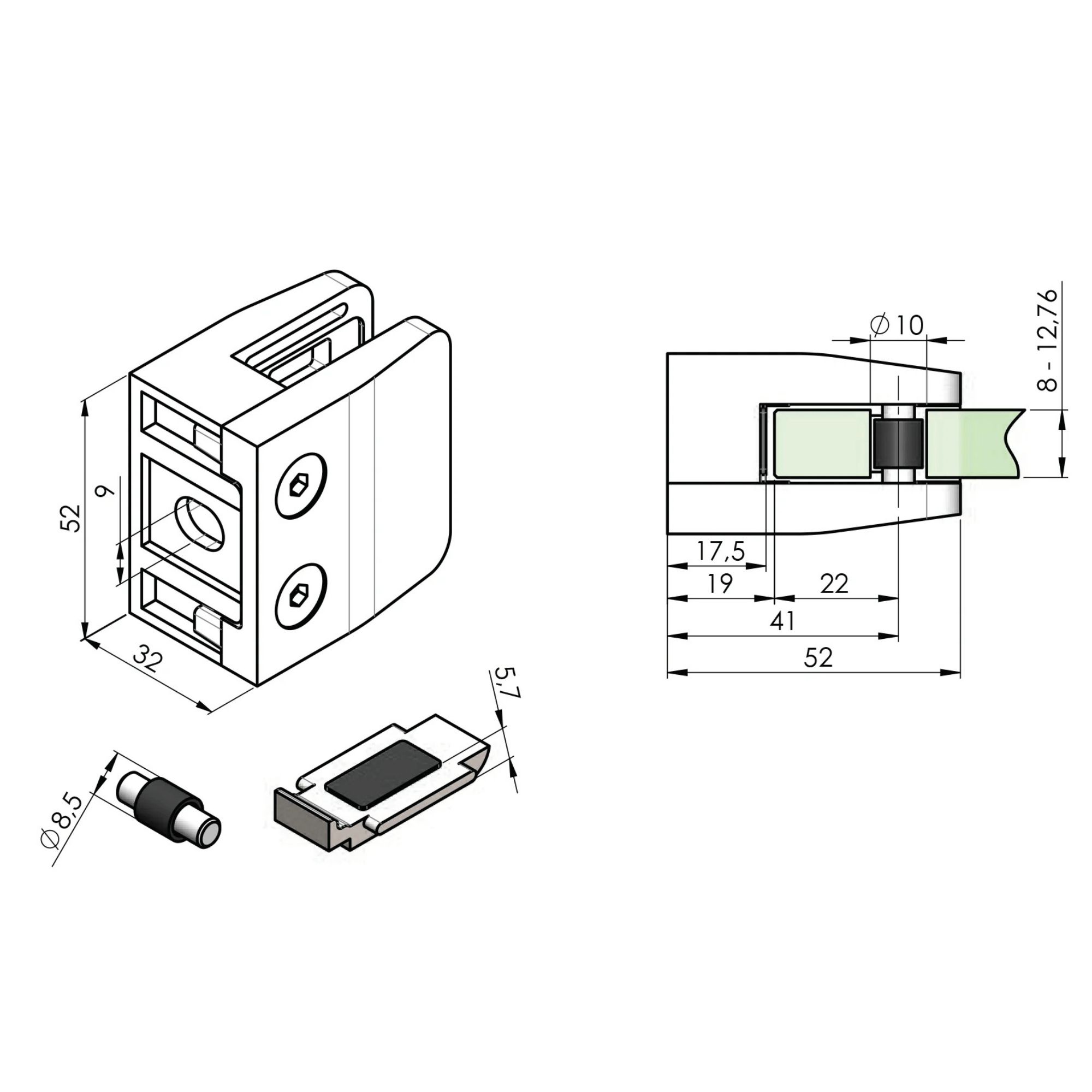 Glasklemmen V2A 8-12-76 mm fuer Flachanschluss geschliffen 4er Set-89-11A2600000SET4-A.4