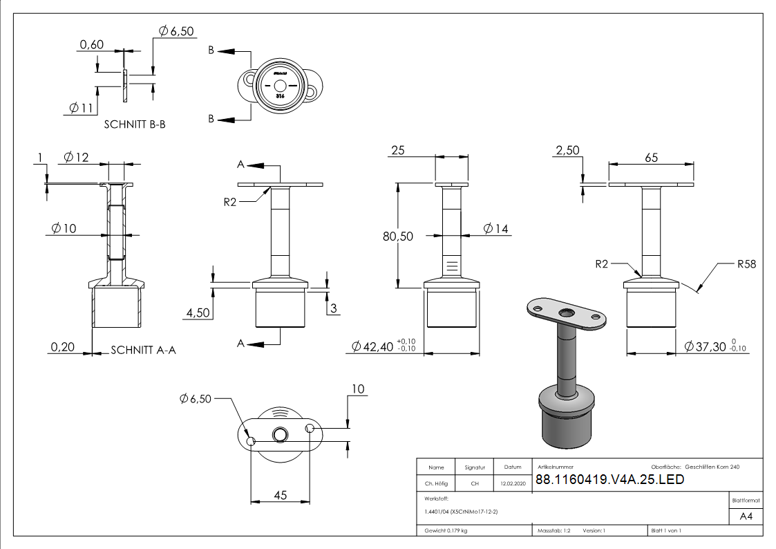 Handlaufstuetze V4A fuer Rohr 42-4x2-5 mm- Stift Ø 14 mm- fuer LED Handlauf-88-1160419-V4A-25.LED