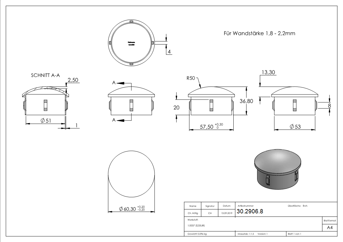 Stahlstopfen - leicht gewoelbt - fuer Ø 60-3x1-8-2-2 mm - Stah S235JR- roh-30-2906.8