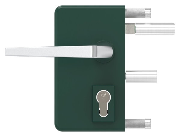 Gittertorschloss GTS 2 fuer Rohrstaerke 40-60mm- montagefertiges Set- moosgruen-88-1156700-ALU.6005