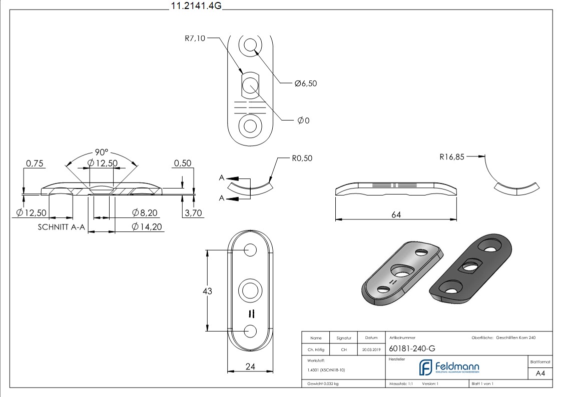 Handlaufanschlussplatte 63x25x4 mm fuer Rohr Ø 33-7 mm mit gesenkten Aussenbohrungen V2A-11-2141.4G