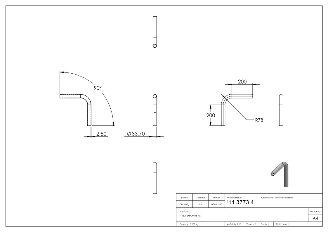 Bogen 90° zum Schweissen aus Rundrohr- Ø 33-7x2-6 mm V2A-11-3773.4