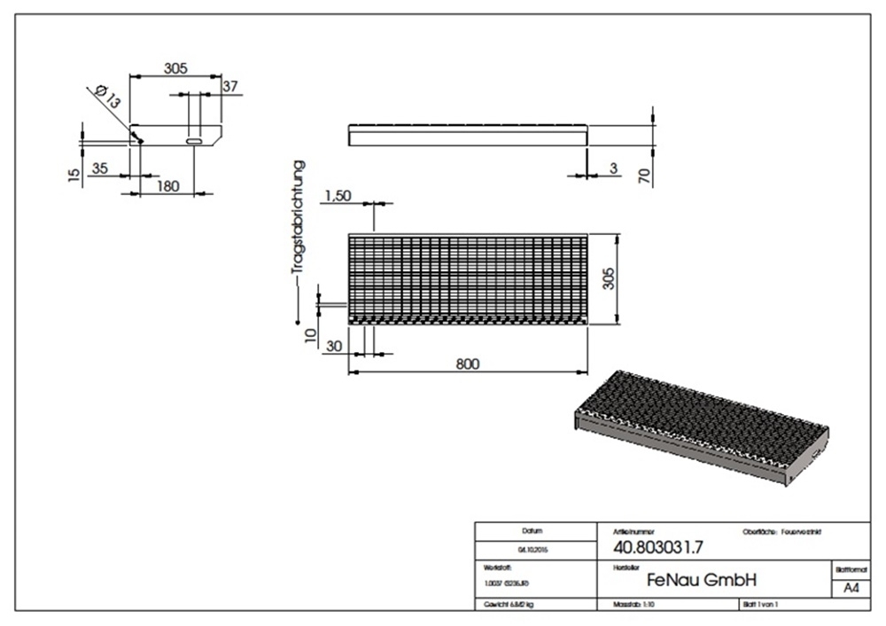 Gitterroststufe Treppenstufe Masse- 800x305 mm 30-10 mm S235JR -St37-2- im Vollbad feuerverzinkt-40-803031.7
