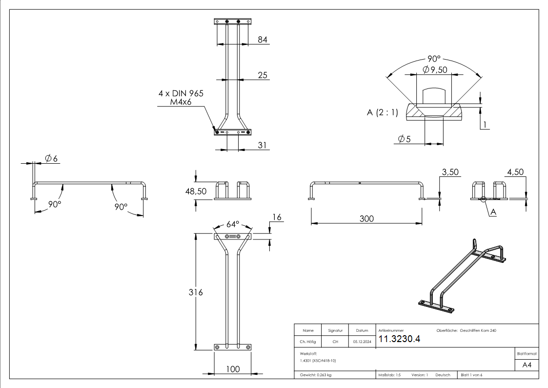 Glaeserhalter 302 mm V2A-11-3230.4