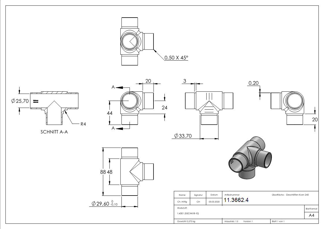 Kreuzstueck mit unterschiedlichen Abgaengen- fuer Rohr Ø 33-7x2-0 mm V2A-11-3662.4