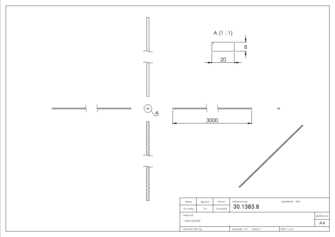 Flacheisen 20x8 mm Kanten gehaemmert 3000mm Stahl S235JR Antik-30-1383.8
