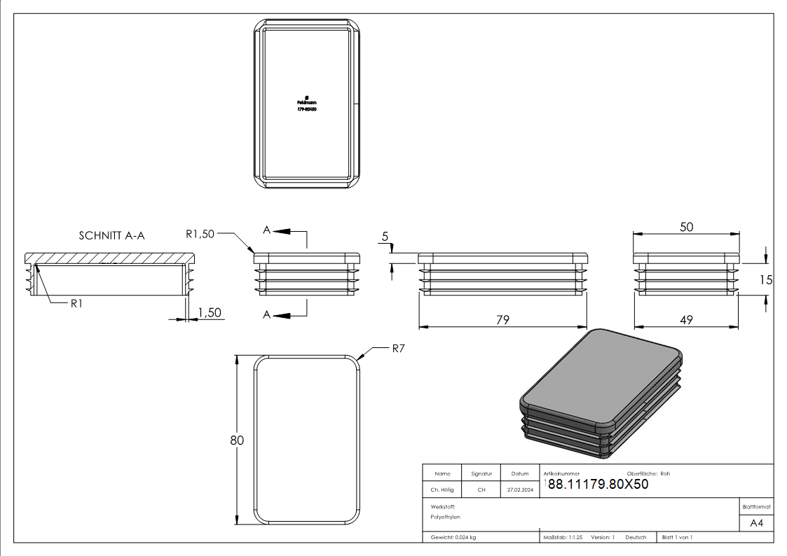 Einsteckkappe Kunststoff fuer Rechteckrohr 80 x 50 mm- Wandstaerke 2-0-4-0 mm- schwarz-88-11179.80X50