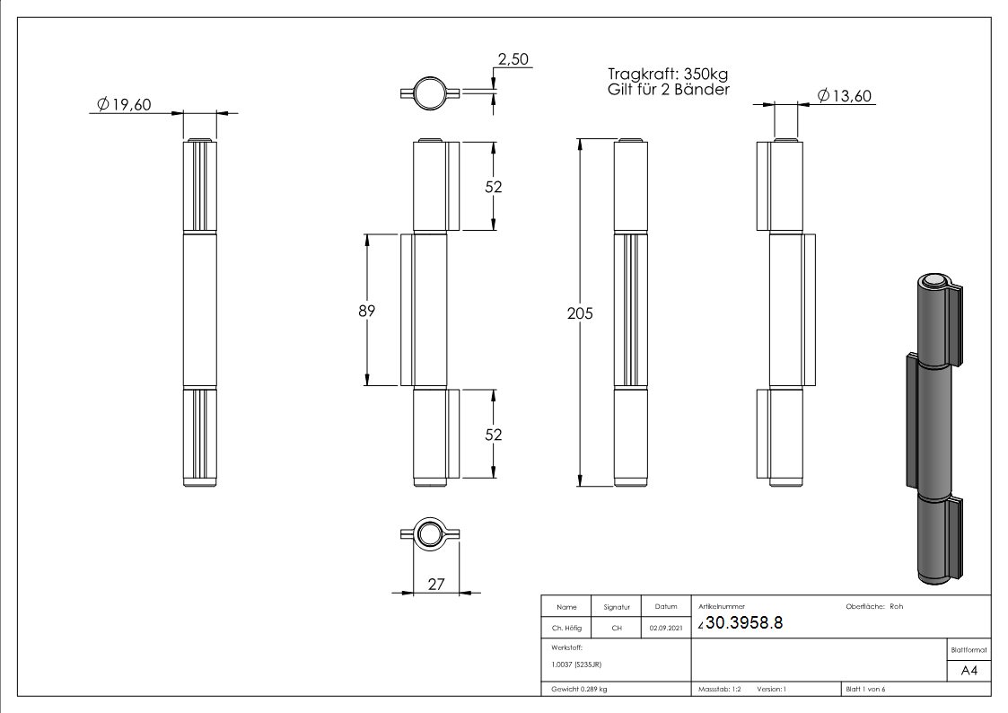 Anschweissband - 3-teilig - Tragkraft- 350kg - massiv - Stahl S235JR- roh-30-3958.8