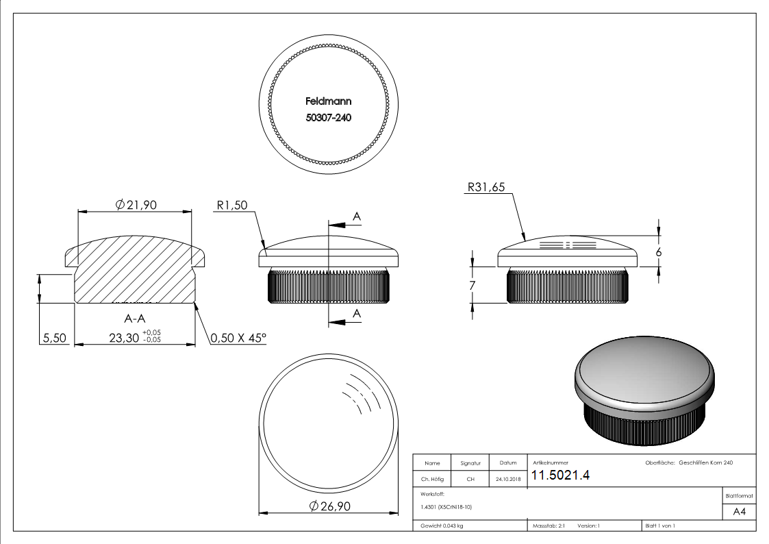 Rohrstopfen fuer Ø 26-9x2-0 mm leicht gewoelbt zum Einschlagen V2A-11-5021.4