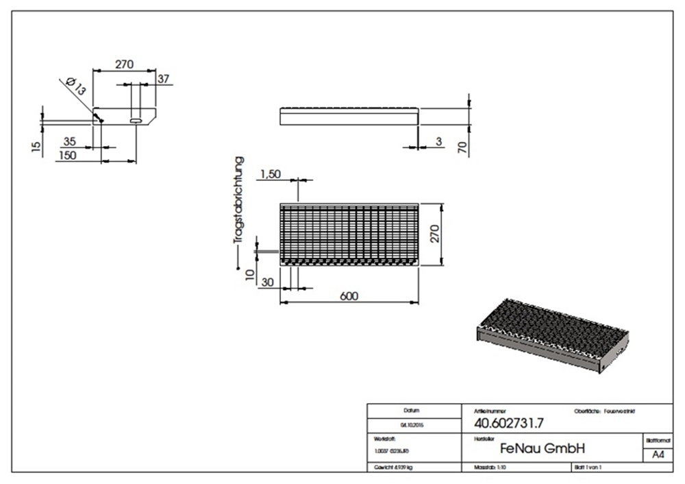 Gitterroststufe Treppenstufe Masse- 600x270 mm 30-10 mm S235JR -St37-2- im Vollbad feuerverzinkt-40-602731.7
