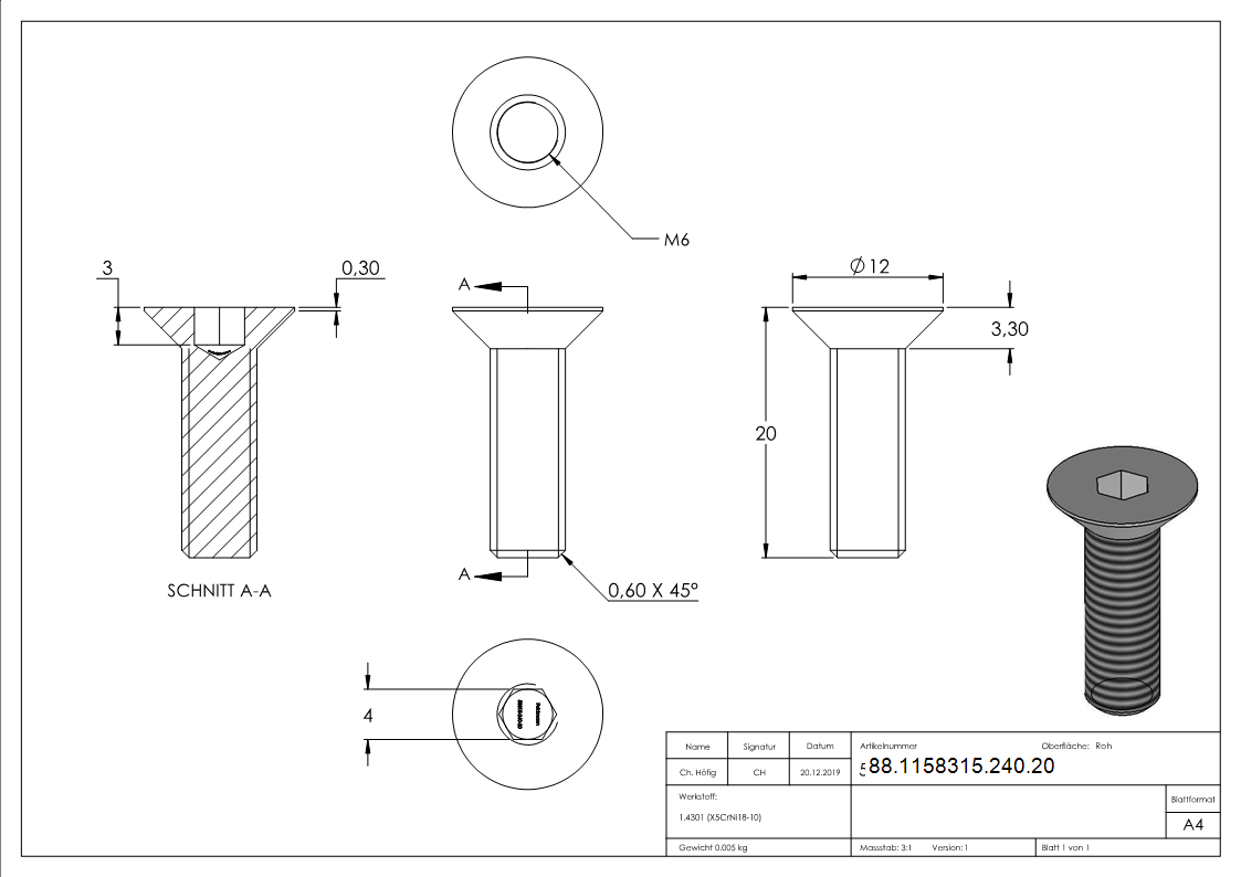 Senkkopfschraube V2A M6x20 Innensechskant ISO 10642-88-1158315-240.20