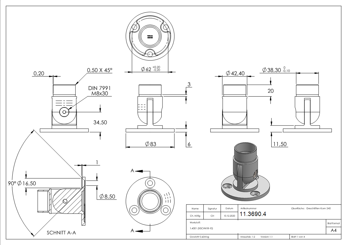 Wandhalter flexibel fuer Rundrohr Ø 42-4 x 2-0 mm - V2A-11-3690.4