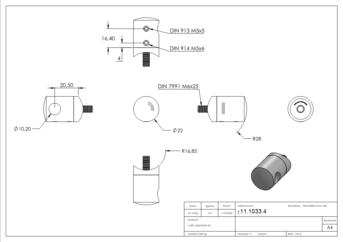 Querstabhalter V2A Edelstahl – Anschluss 33-7 mm fuer Rundstaebe 10 mm mit Sackloch Abschluss rechts inkl- Schrauben-11-1033.4