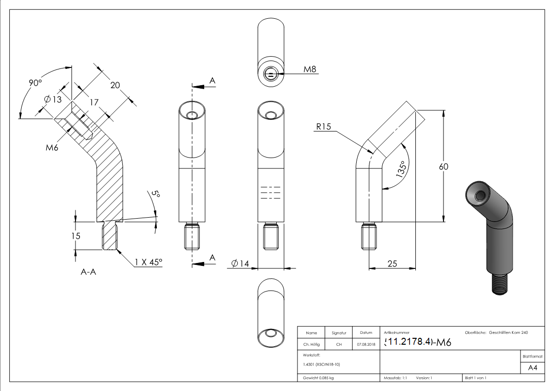 Traegerstift 135° gebogen Ø 14 x 60 mm - mit Aussen- - Innengewinde -V2A-11-2178.4