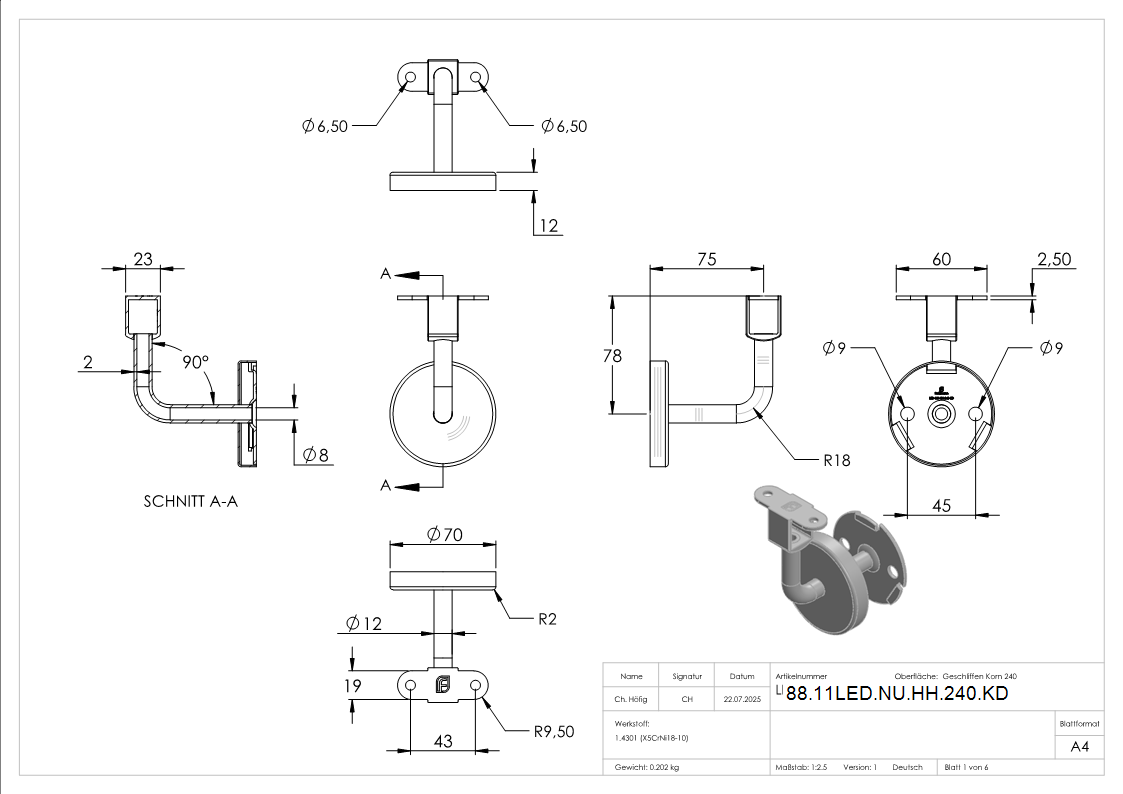 Handlaufhalter V2A fuer Nut 24x24mm Buegel Ø 12mm Kabeldurchfuehrung konvex-88-11LED-NU-HH-240.KD