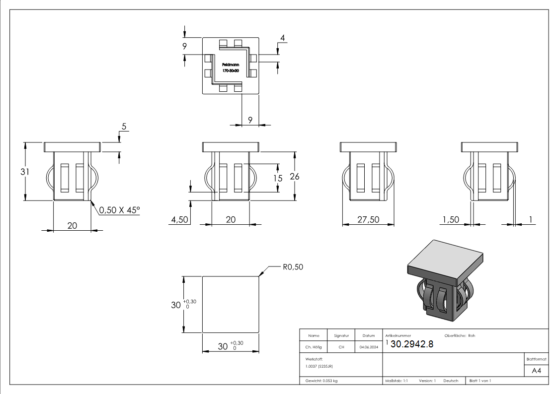 Stahlstopfen flach - fuer Rohr 30x30x1-5-3-0 mm - Stahl S235JR- roh-30-2942.8