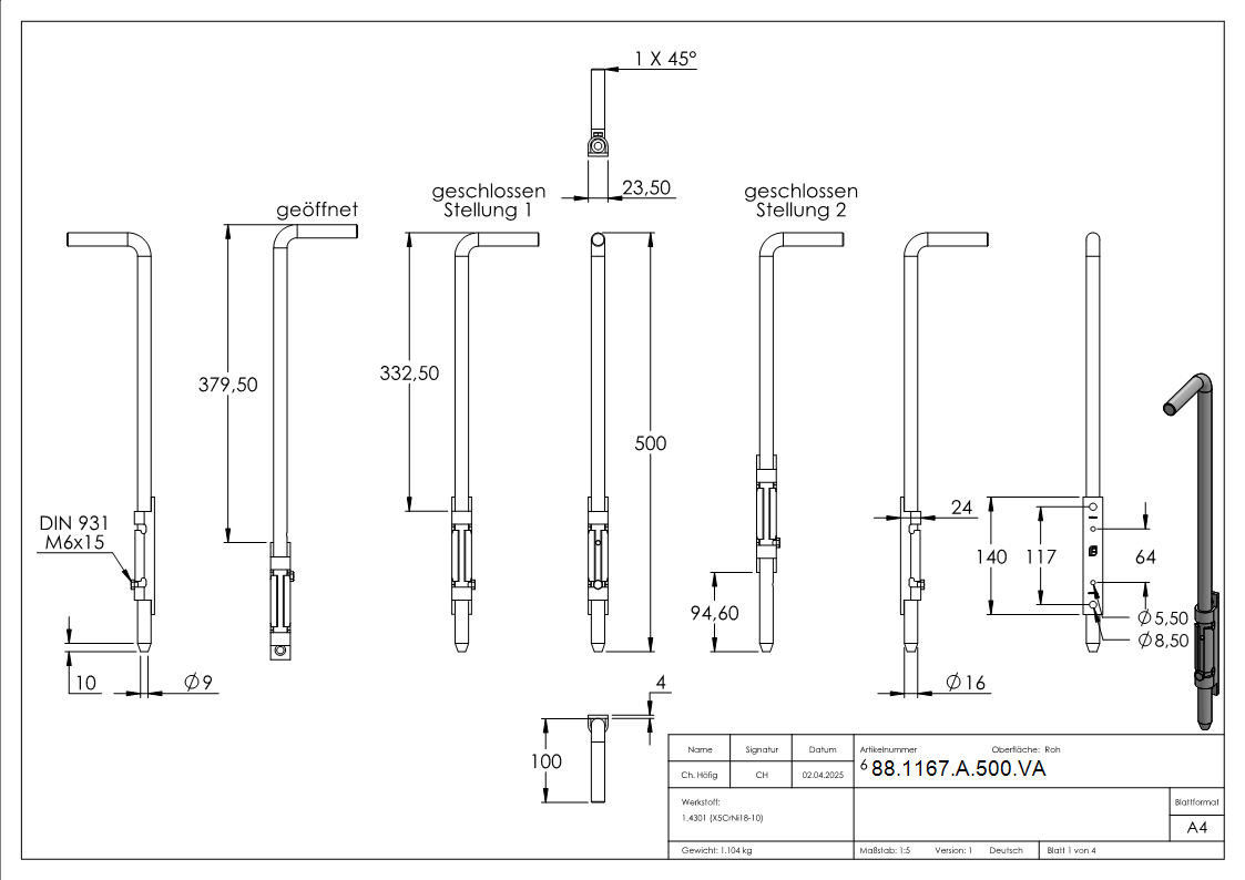 Torriegel zum Anschrauben- Laenge 500mm- V2A-88-1167-A-500.VA