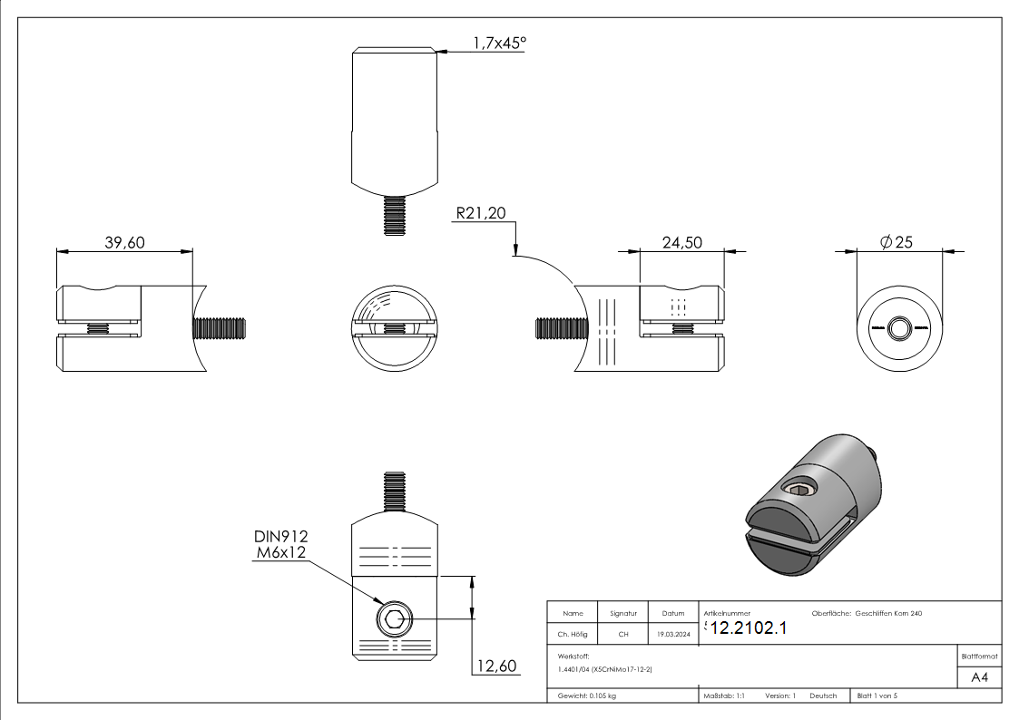 Blechhalter - Plattenhalter Ø 25 mm Edelstahl V4A – Anschluss 42-4 mm inkl- Schrauben - Gummieinlage-12-2102.1