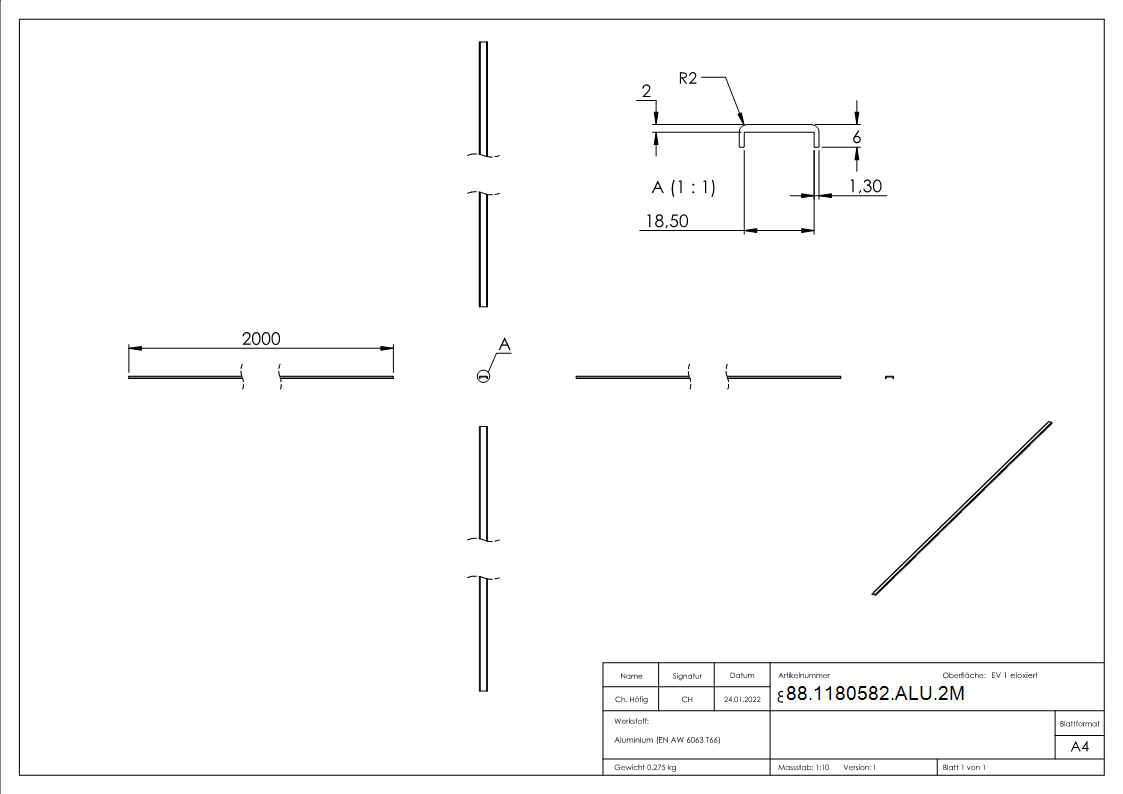 Kantenschutz EXTRA SLIM- fuer Glas 16-00 - 17-52mm- L=2m- Aluminium E4-EV1-88-1180582-ALU.2M