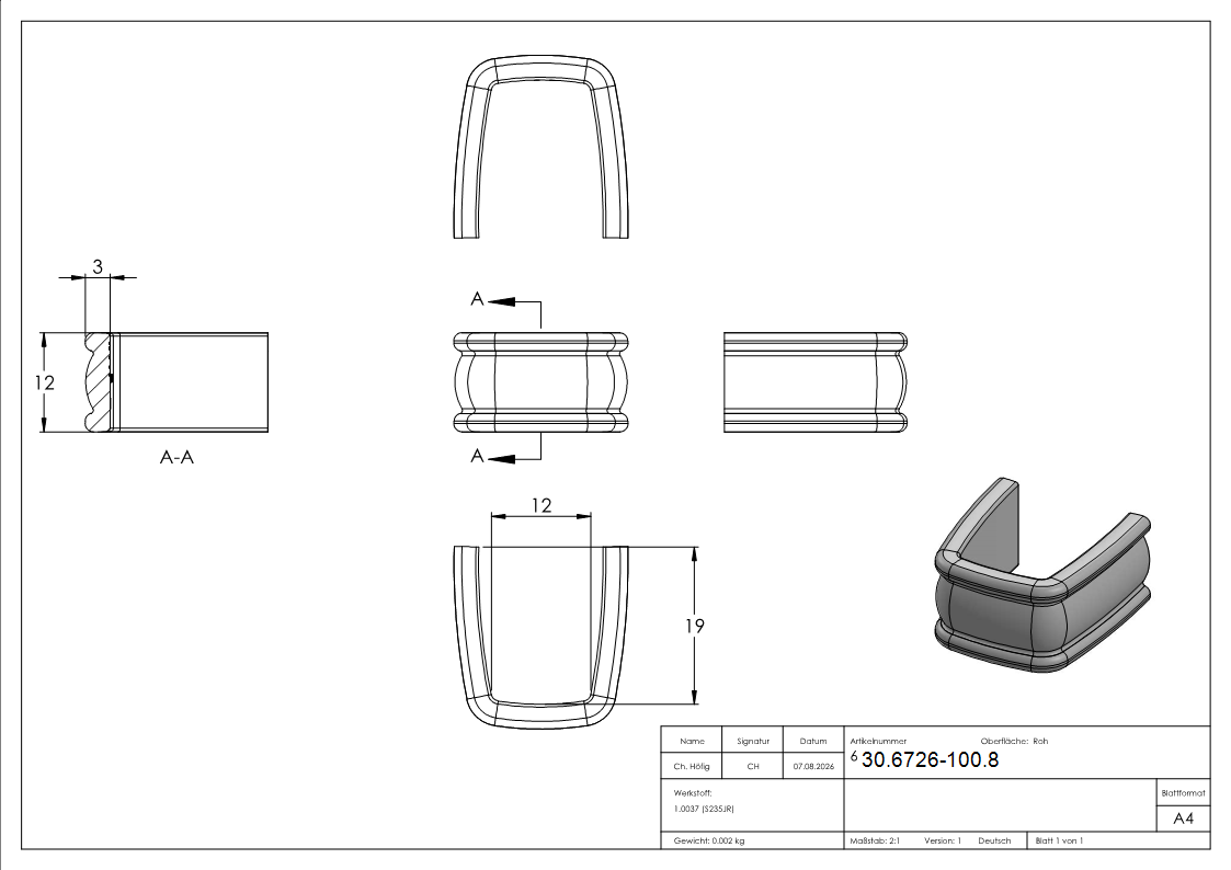 Bund - 100 Stueck - Material- 12x3 mm - Innenmass- 12x19 mm - Stahl -Roh- S235JR-30-6726-100.8