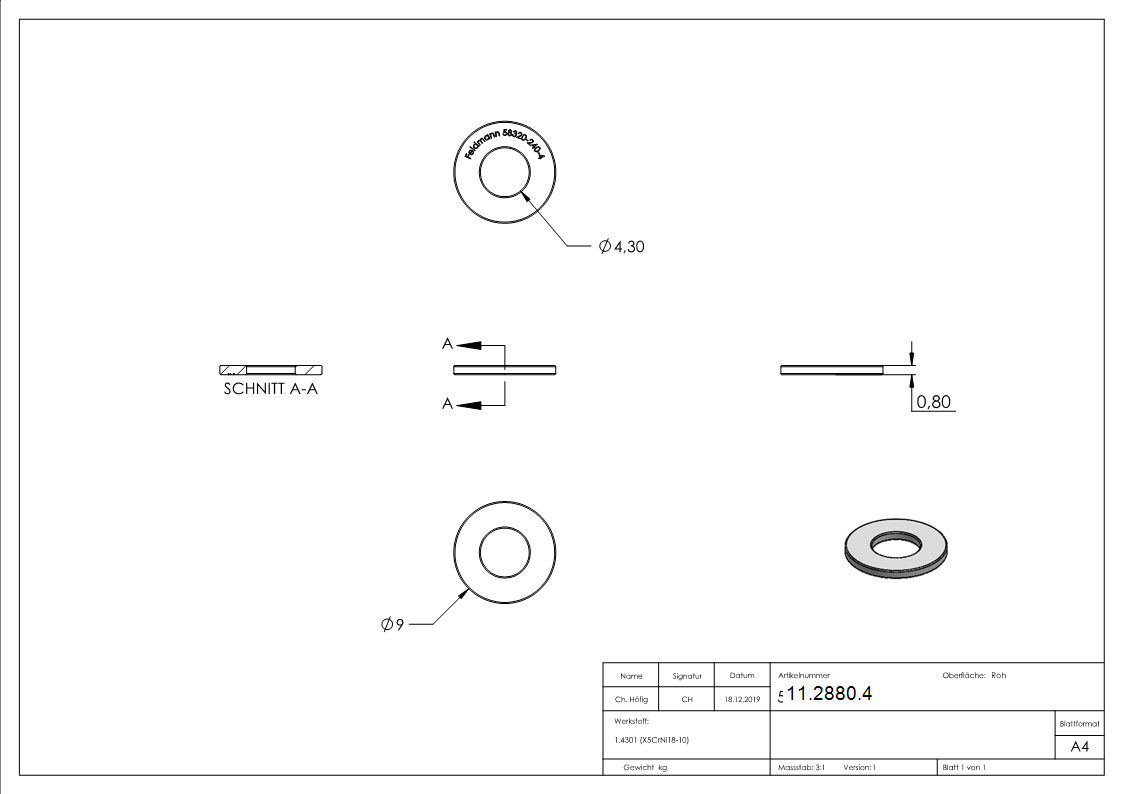 Beilagscheibe - fuer Gewinde M4 - DIN 125-1- A2 - V2A-11-2880.4