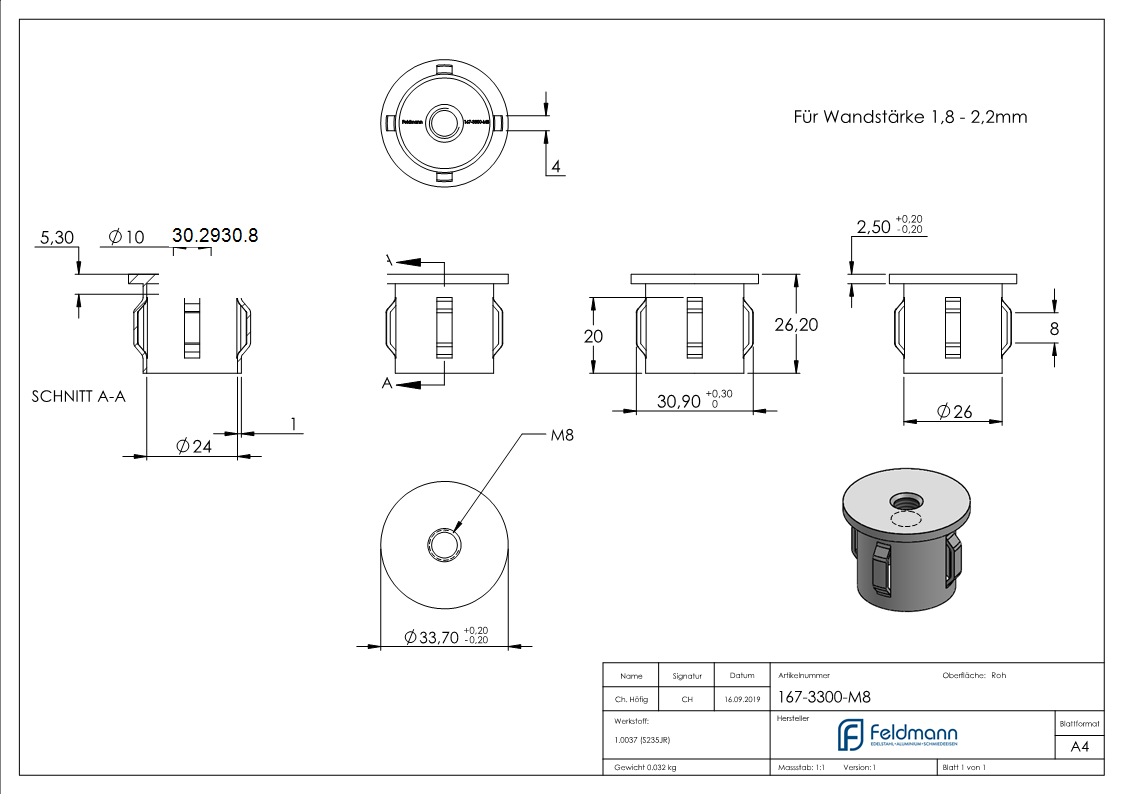 Stahlstopfen flach - mit M8 - fuer Rundrohr Ø 33-7x1-8-2-2 mm - Stahl S235JR- roh-30-2930.8