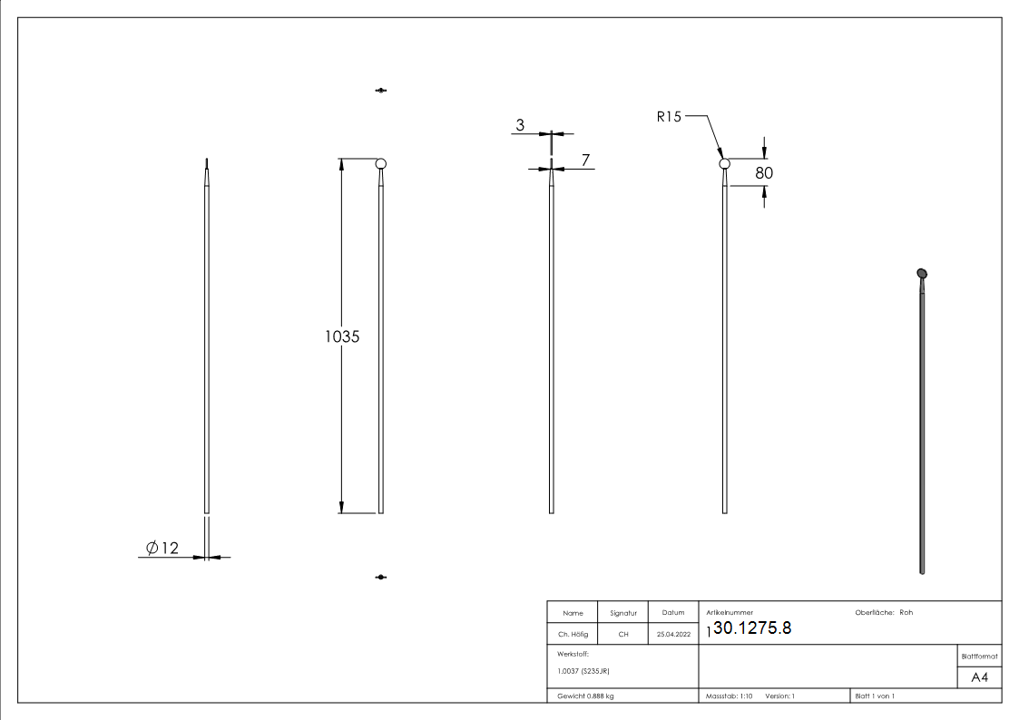 Zaunstab Laenge- 1035 mm Material Ø 12 mm - Scheibe Ø 30 mm Stahl S235JR- roh-30-1275.8