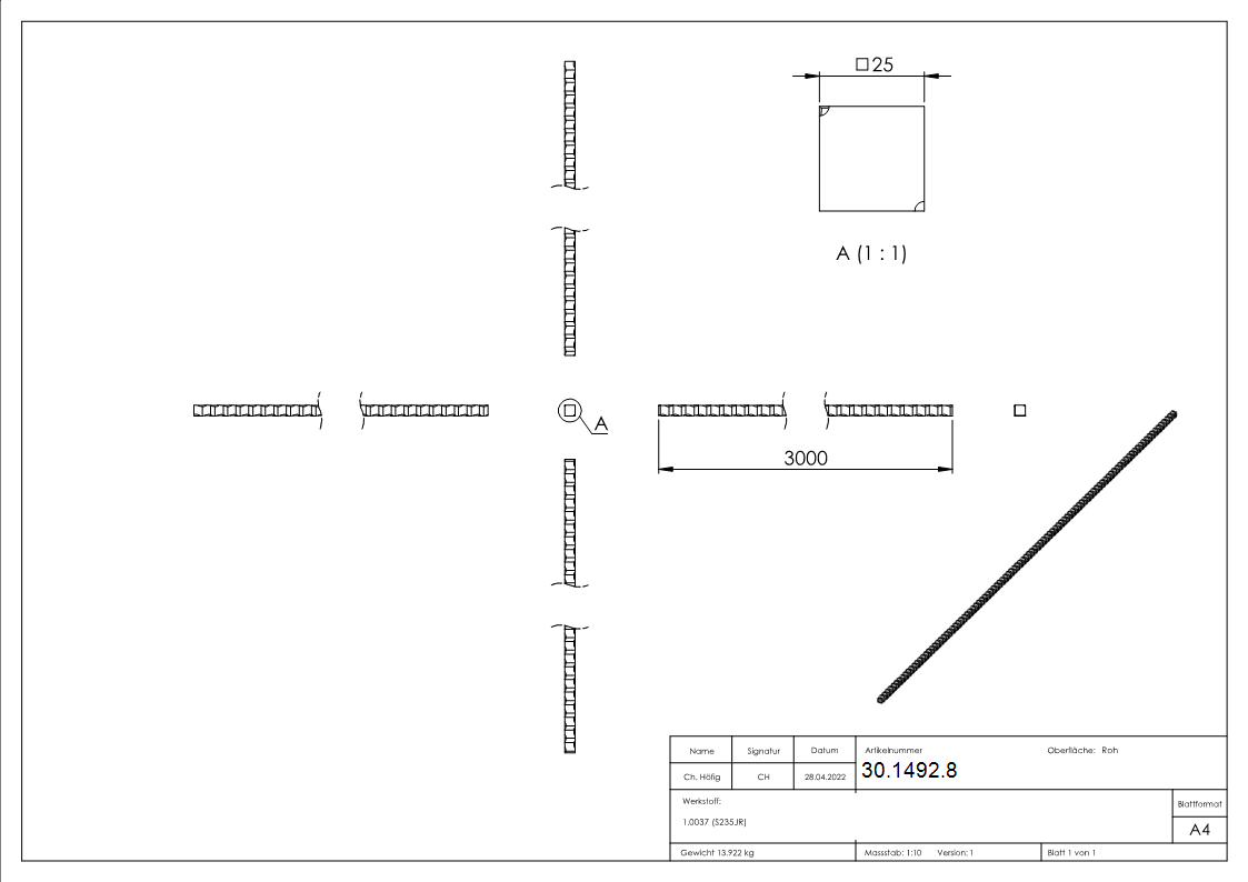 Vierkant gehaemmert - Material- 25x25 mm - Laenge- 3000 mm - Stahl -Roh- S235JR-30-1492.8