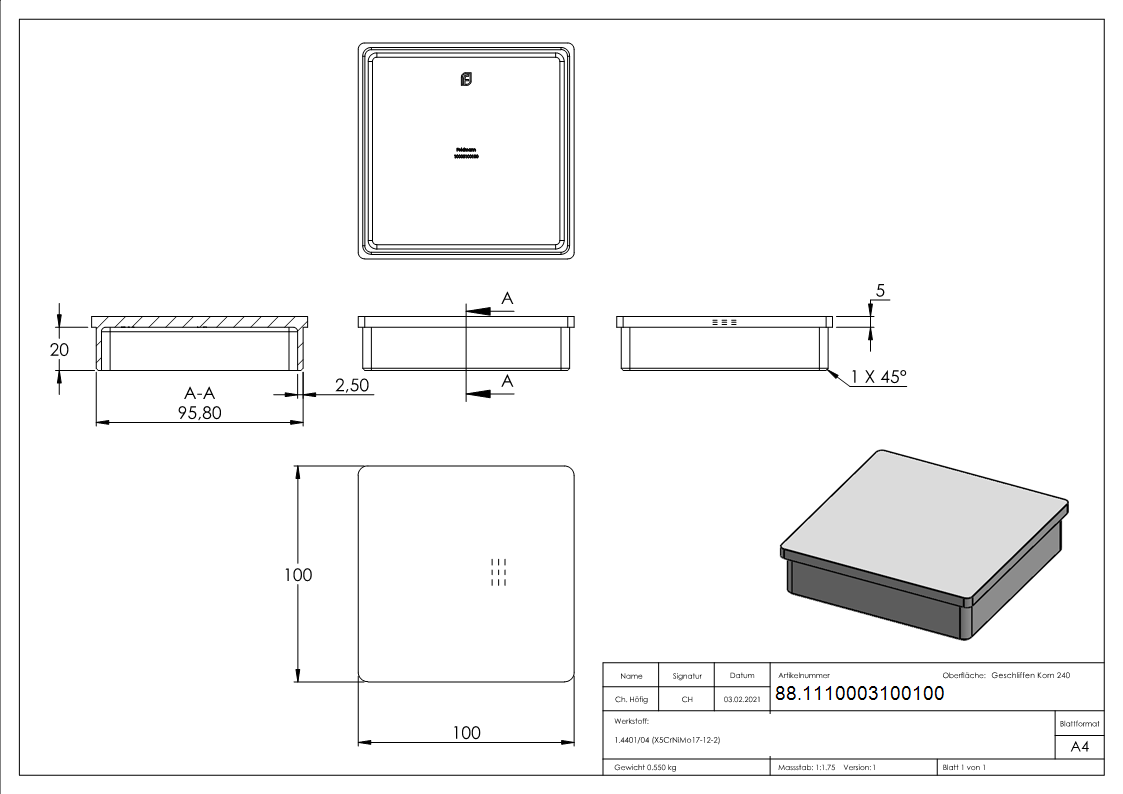 Einsteckkappe V4A Edelstahl fuer Quadratrohr 100 x 100 x 2-0 mm-88.1110003100100