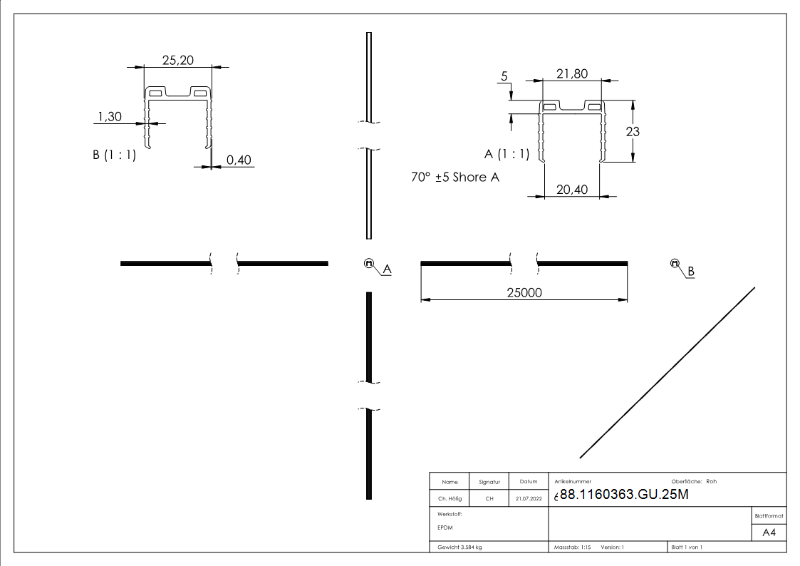 Keildichtung Glas 20-76 – 21-52mm- fuer Nut 24 x 24mm- Laenge 25m- EPDM-88-1160363-GU.25M