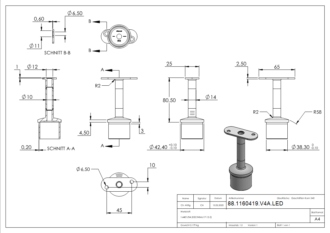 Einsteckkappe V4A fuer Rohr Ø 42-4 mm- Stift Ø 14 mm- fuer LED Handlauf-88-1160419-V4A.LED