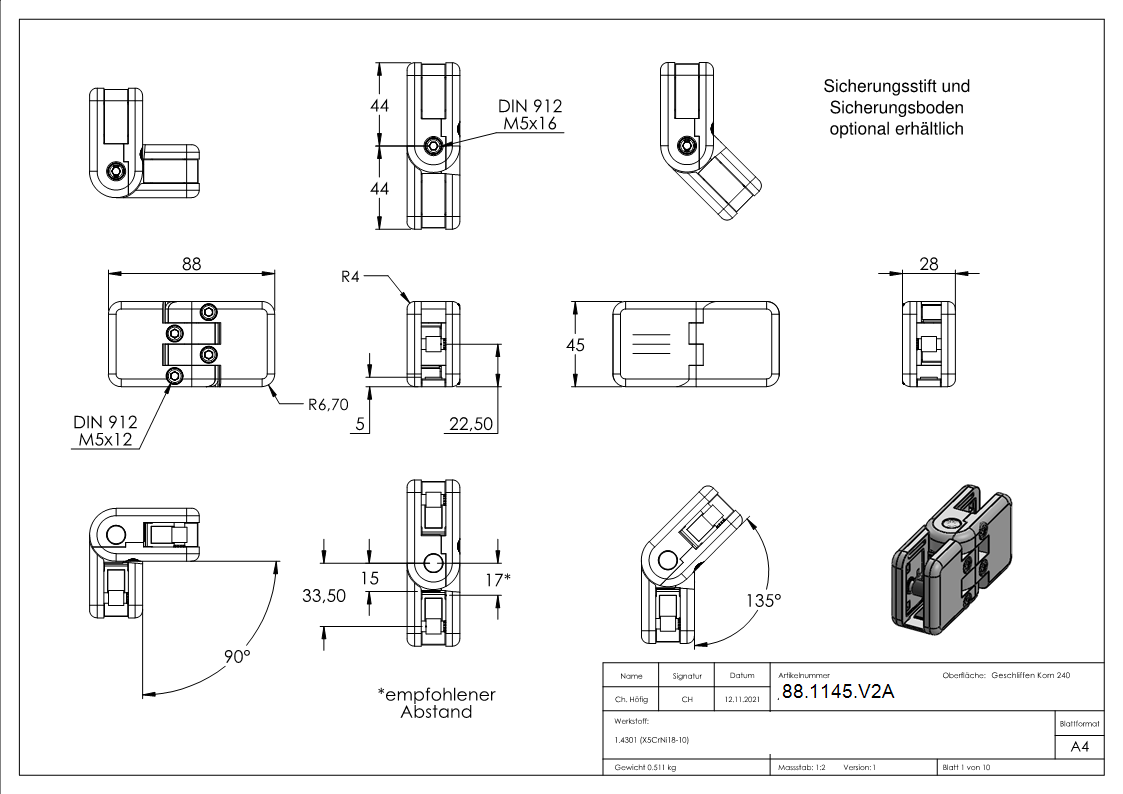 Verstellbare Glasklemme Mod- 45 Edelstahl V2A -1-4301- Eckig-88-1145.V2A