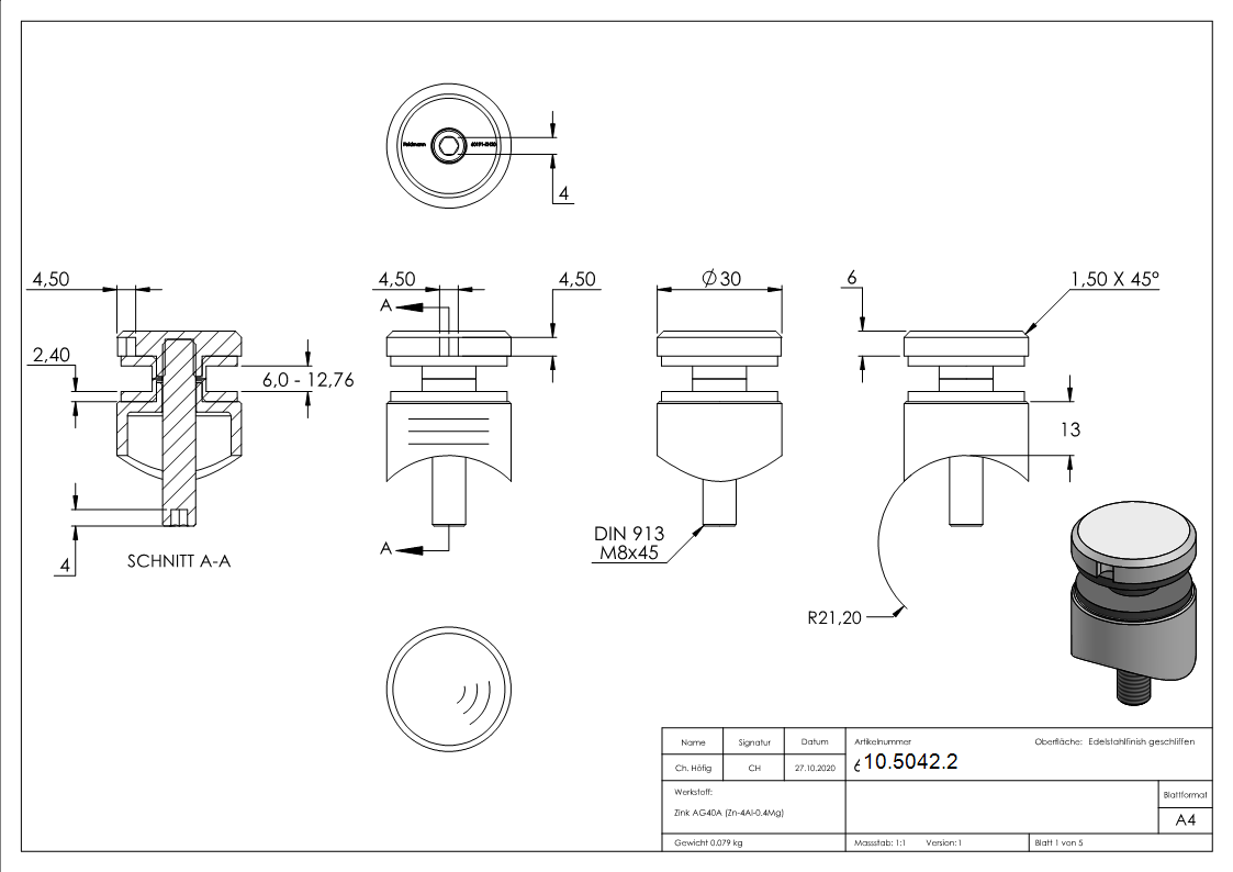 Glaspunkthalter Ø 30 mm- Zink -Edelstahl-Optik- Anschluss- Rohr Ø 42-4 mm-10-5042.2