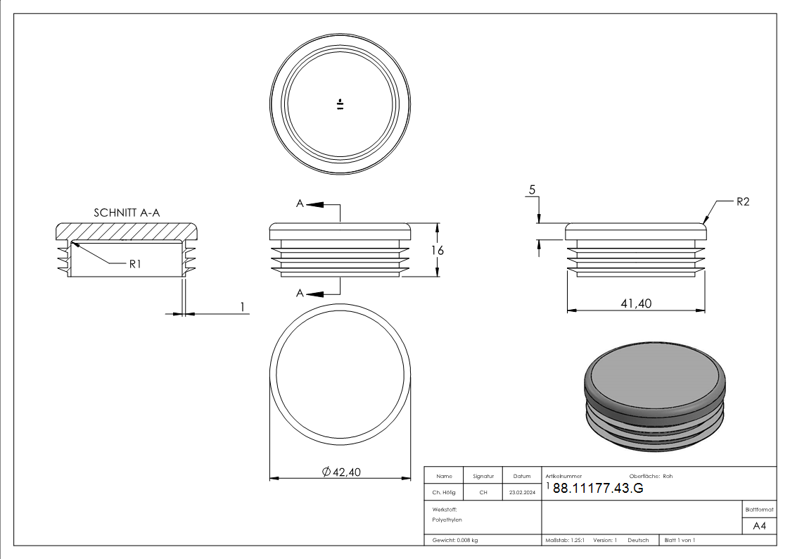 Kunststoffkappe fuer Rundrohr 42-4mm-88-11177-43.G