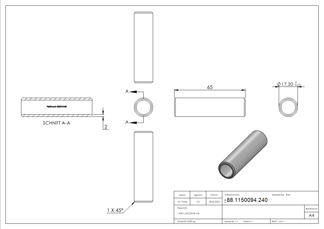 Rohrverbinder V2A Ø 21-3 mm x 2-0 mm 65 mm steckbar ohne Mittelsteg-88-1150094.240