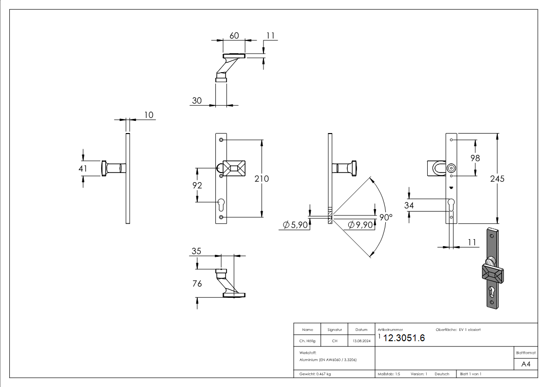 Alu-Tuerdruecker - Masse- 30x245x10 mm - Form- gekroepft - Aluminium EV1-12-3051.6