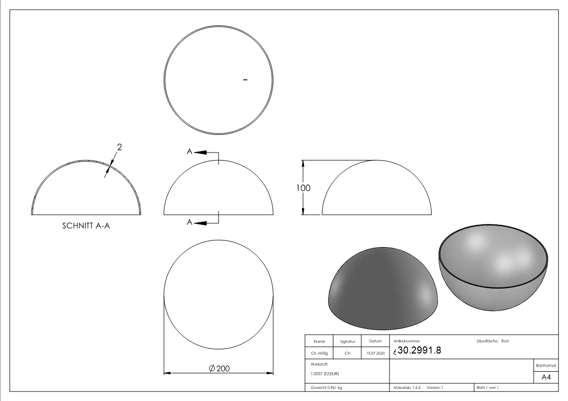 Halbhohlkugel Ø 200 mm - glatt - Stahl S235JR- roh-30-2991.8